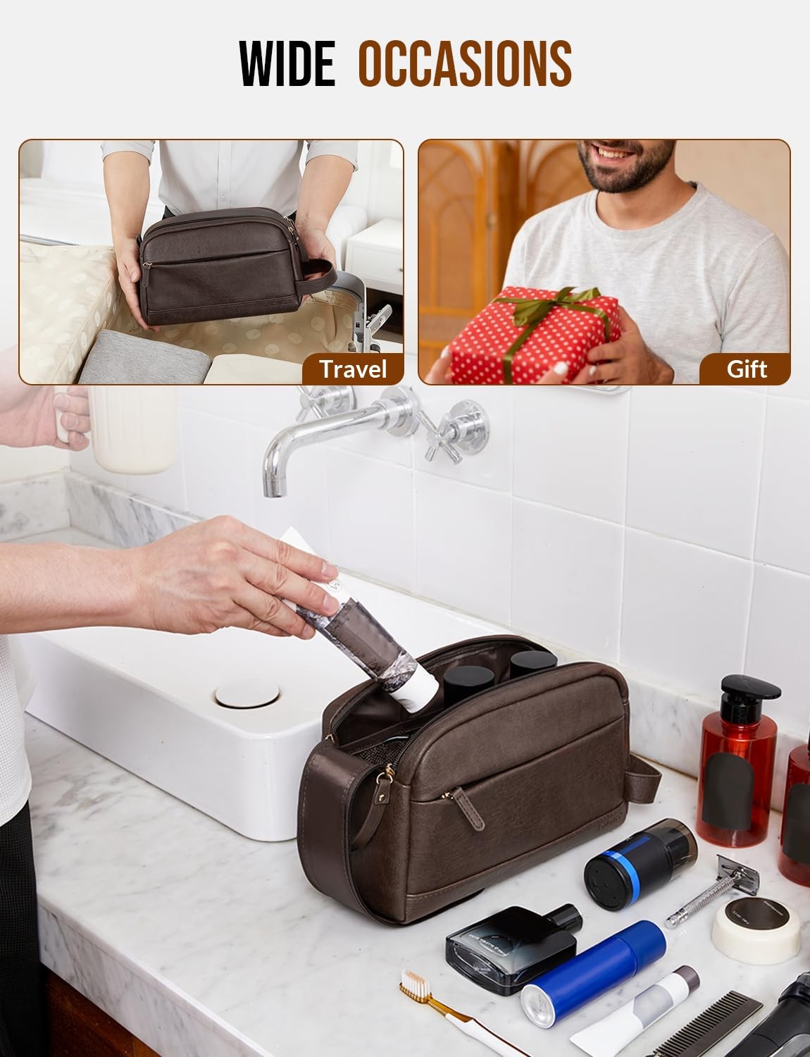 Men's PU Leather Water-Resistant Travel Toiletry Bag - Large Organizer