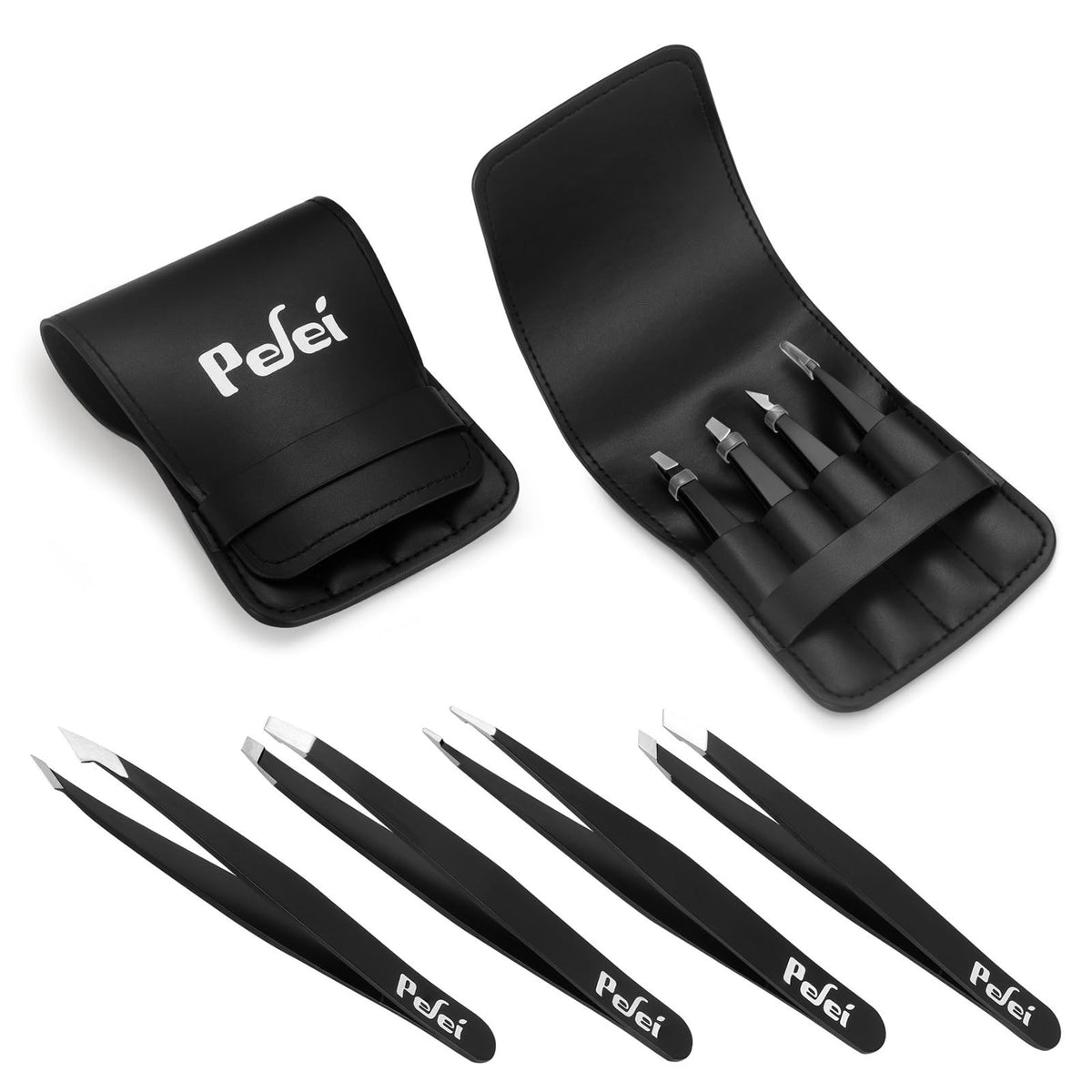 Professional Stainless Steel Tweezers Set - 4 Piece Travel Kit, Black
