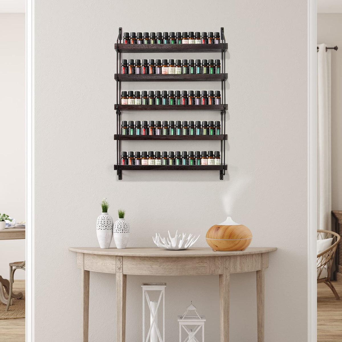 Wall-Mounted Essential Oil Storage Shelf 5 Tiers Rustic Wooden Organizer
