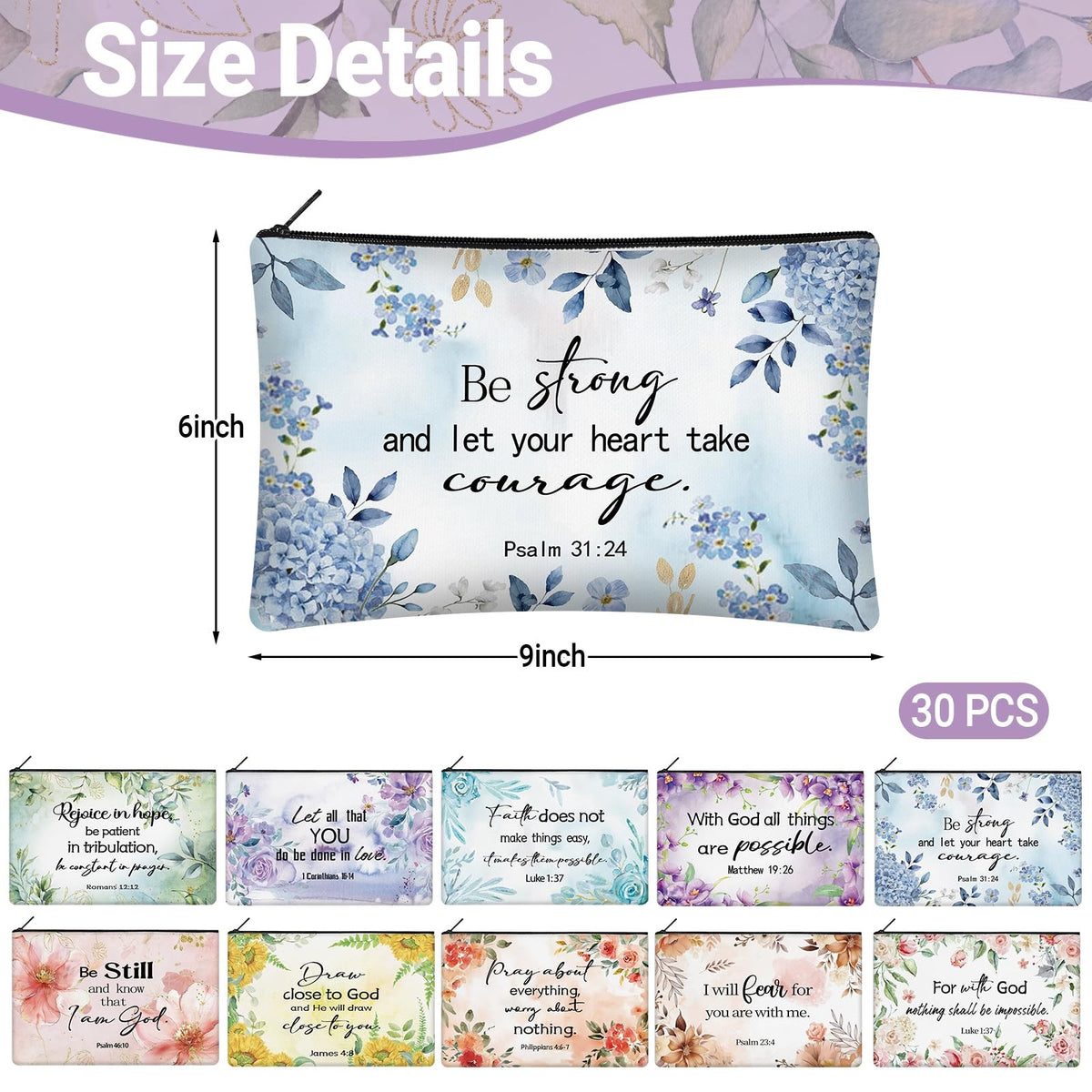 Christian Makeup Bags with Inspirational Floral Quotes - Religious Gift Pouch