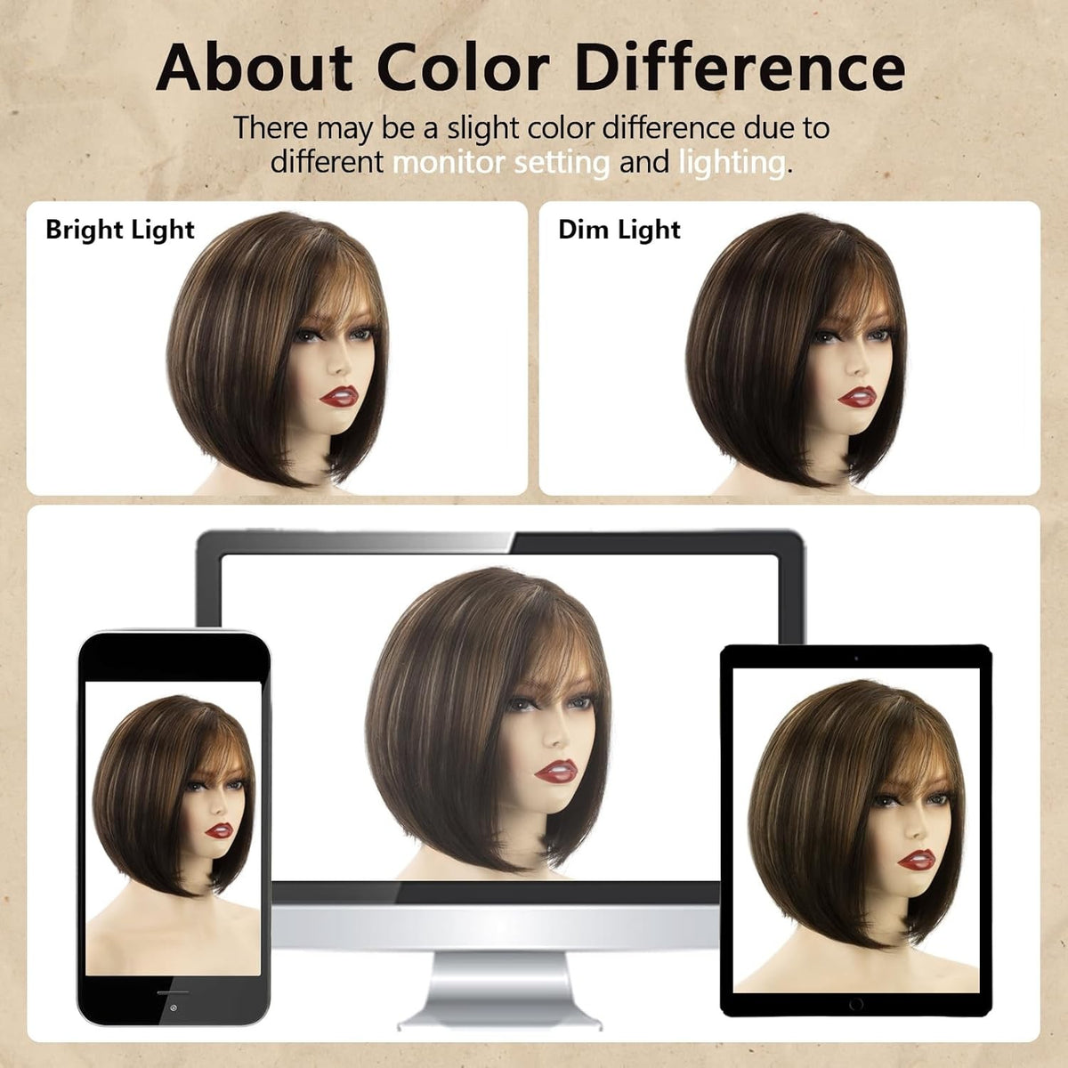 Brown Highlight Short Bob Wig with Bangs for Women Chin Length Layered Style