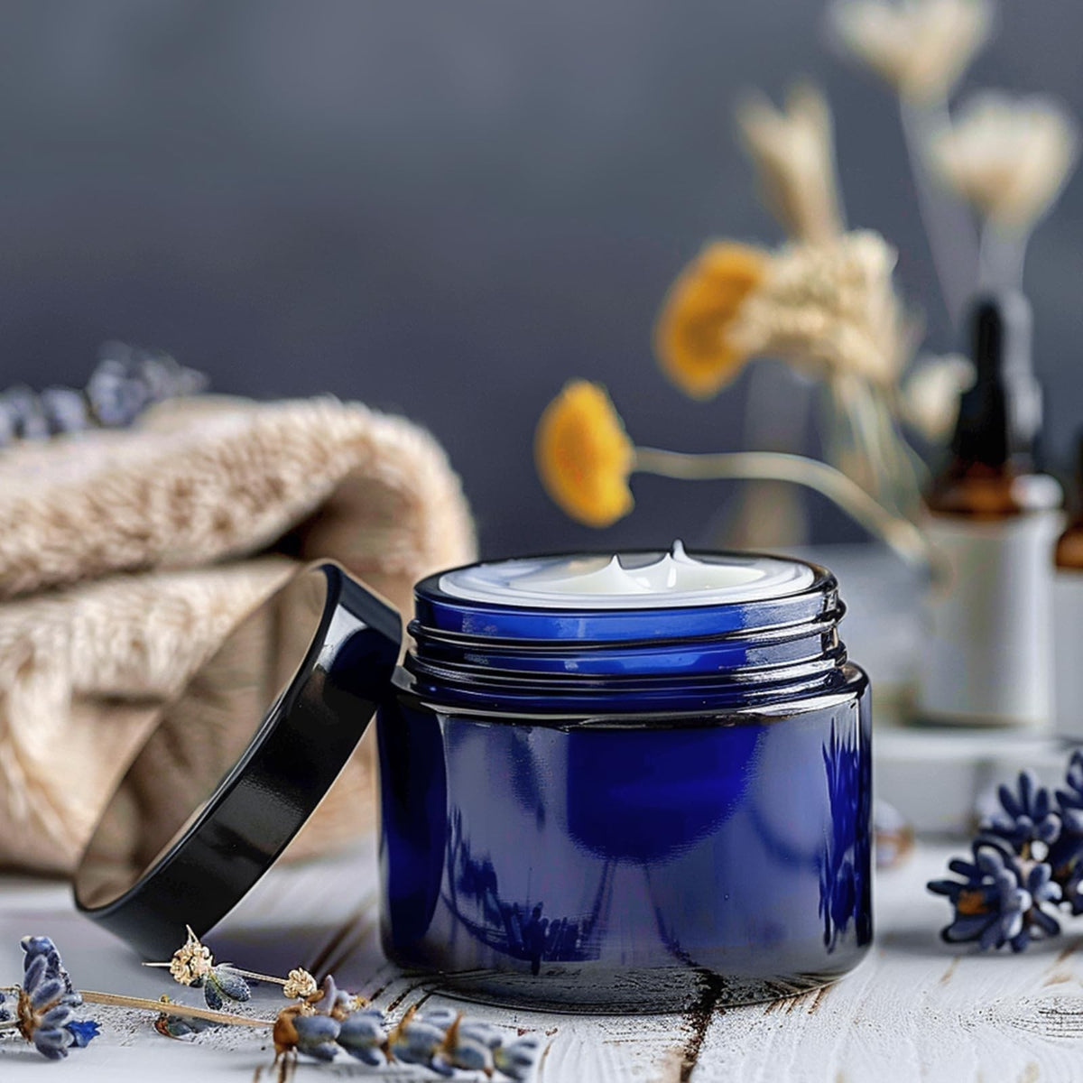 Blue 2oz Glass Cosmetic Jars with Black Lids, 35 Pack - Refillable Makeup Containers