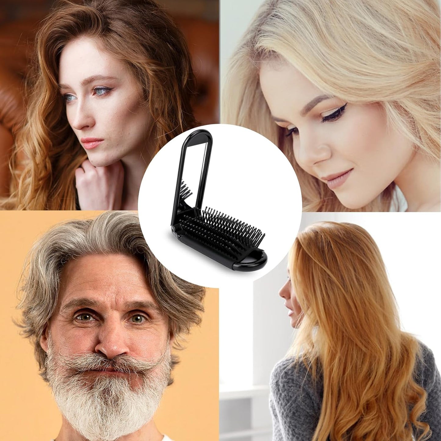 Foldable Travel Hair Brush with Mirror - Compact Anti-Static Small Hair Styling Tool Set