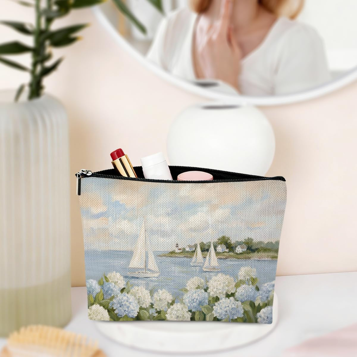 Watercolor Hydrangea Makeup Bag - Coastal Sailboat Floral Cosmetic Organizer