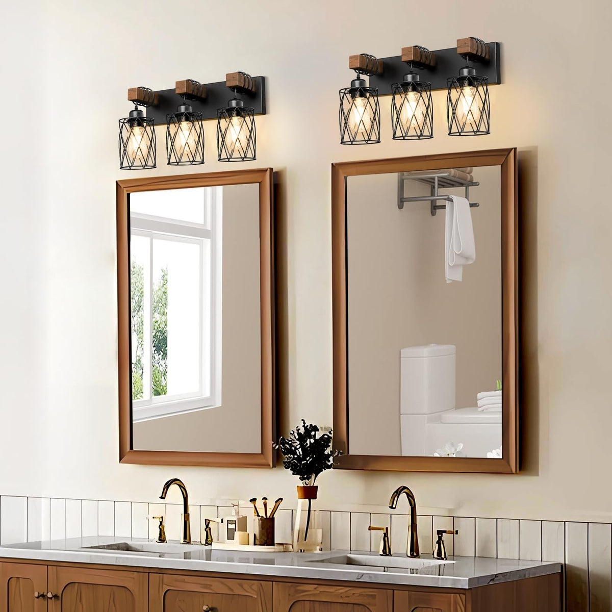 3-Light Farmhouse Vanity Light Fixture for Bathroom & Bedroom - Black Wood and Metal
