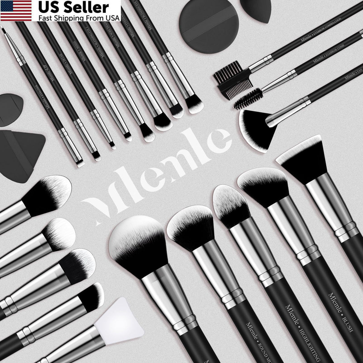Professional 25-Piece Makeup Brush Set with Sponges and Puff - Black