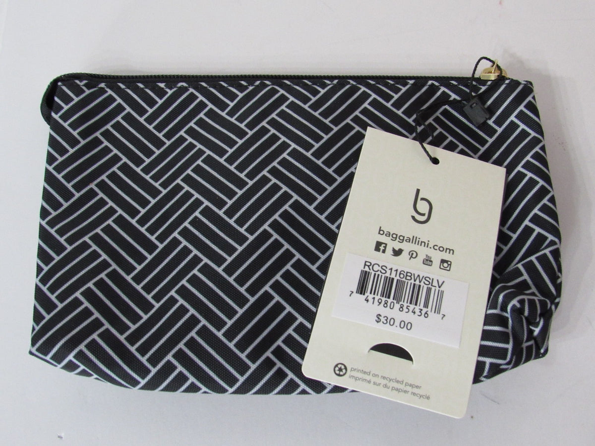 Cosmetic Bag with Multiple Compartments - Gold-Tone Hardware, Black Basket Print