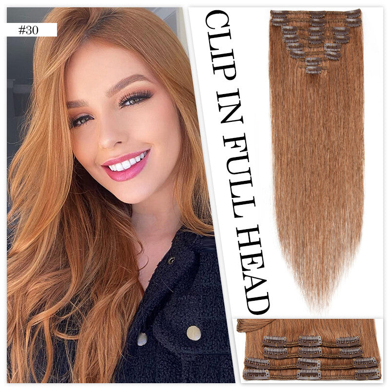 Clip-In Human Hair Extensions Full Head Set - Remy Straight Hair 8 Pieces