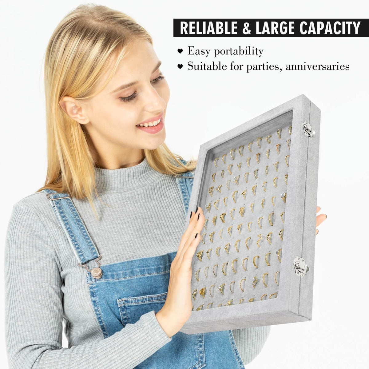 Jewelry Ring Display Organizer Case with Transparent Lid, Grey, Holds 100 Rings