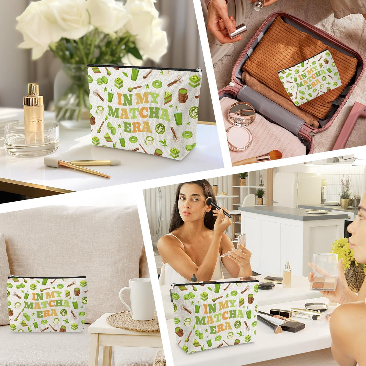 Matcha Themed Makeup Bag for Women - Beige Linen Cosmetic Organizer 25x17cm