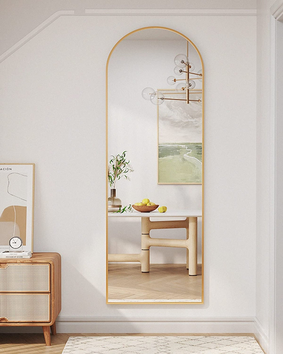 58-Inch Gold Arched Full Length Floor Mirror with Stand - Modern Freestanding Aluminum Frame
