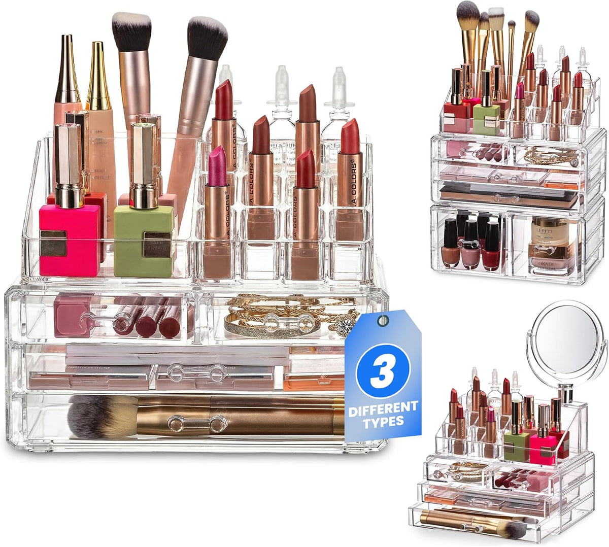 Clear Makeup Organizer with 4 Drawers & 16 Compartments for Vanity Storage