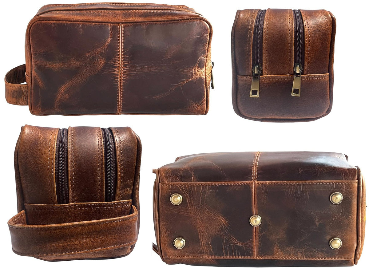 Antique Brown Leather Travel Toiletry Bag for Men and Women - Shaving & Cosmetic Organizer