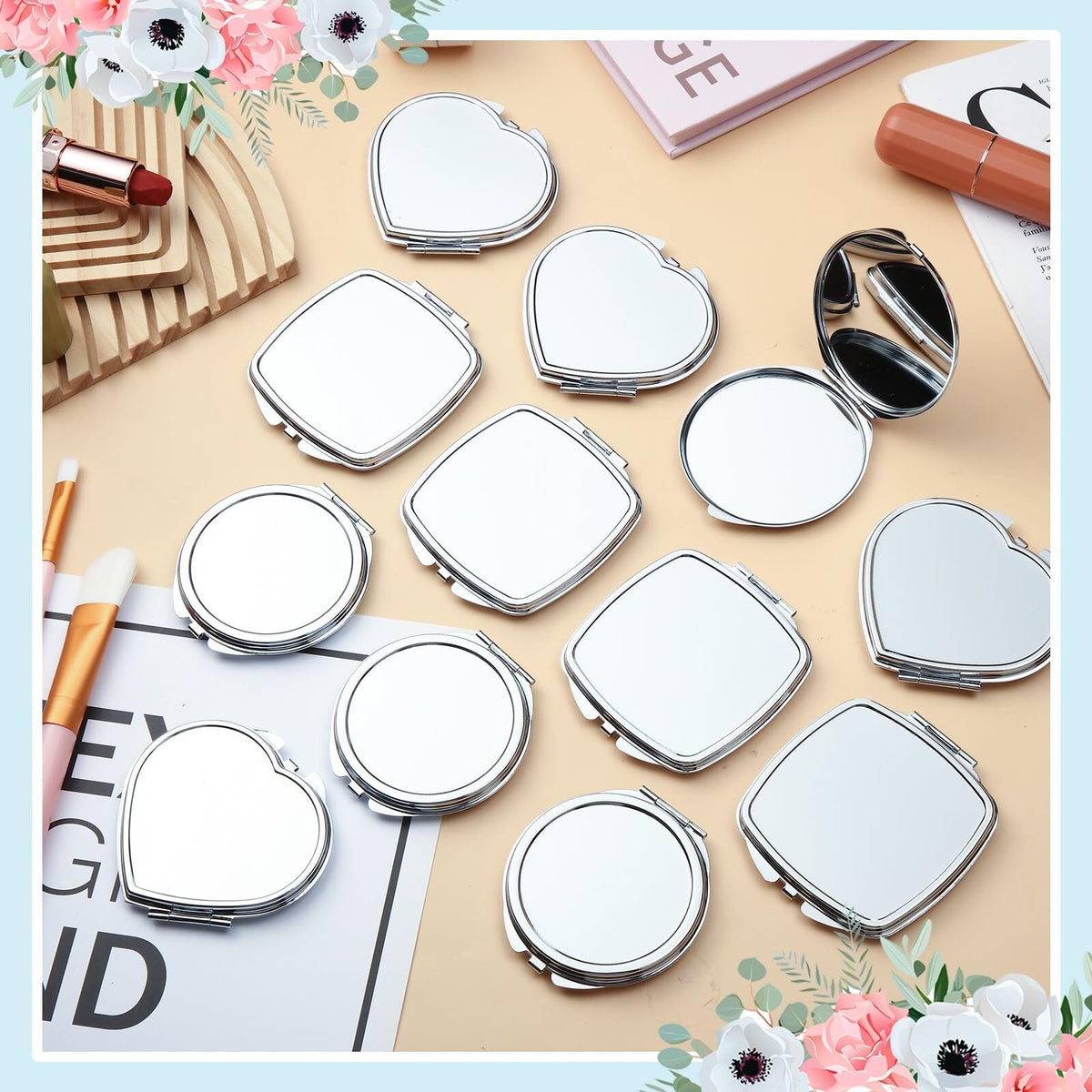 Double Sided Compact Mirror with Magnification - Sublimation Blanks for Custom Design, 12 Pack