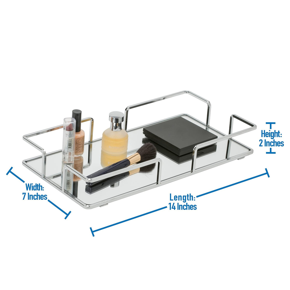 Modern Rectangular Mirror Vanity Tray Chrome Organizer for Cosmetics & Jewelry