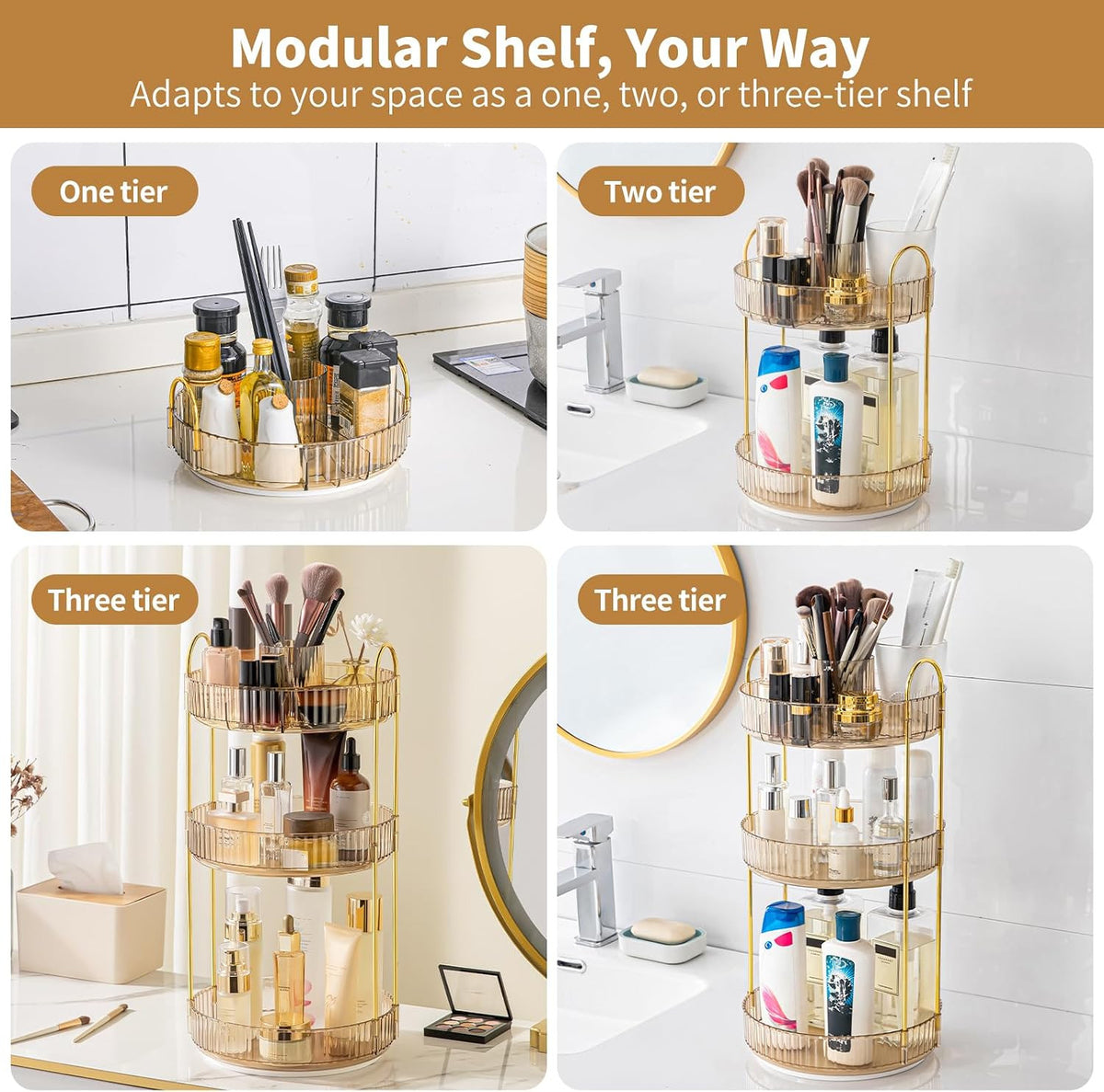 Rotating Makeup Organizer 3-Tier Cosmetic Storage with Brush Holder