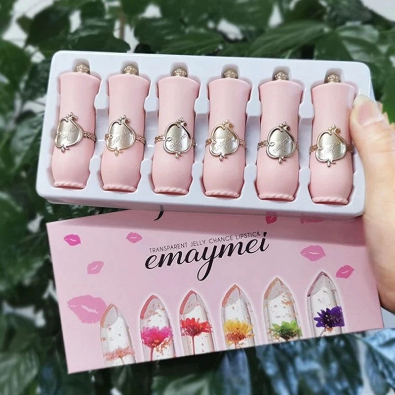 6PCS Lipstick Set Flower Jelly Crystal Long Lasting Lip Color