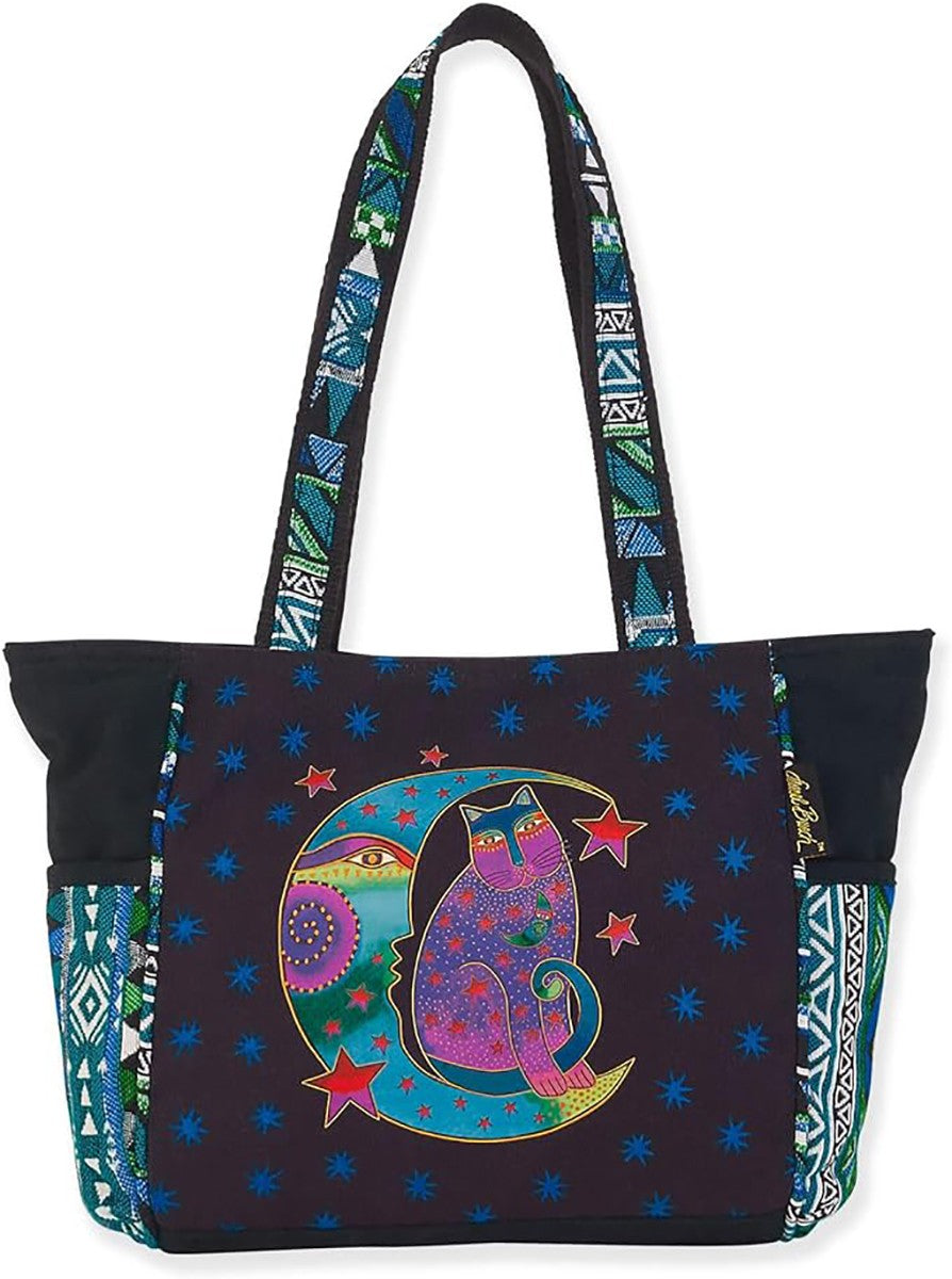 Medium Canvas Cat Tote Bag with Colorful Cat Design, Shoulder Strap