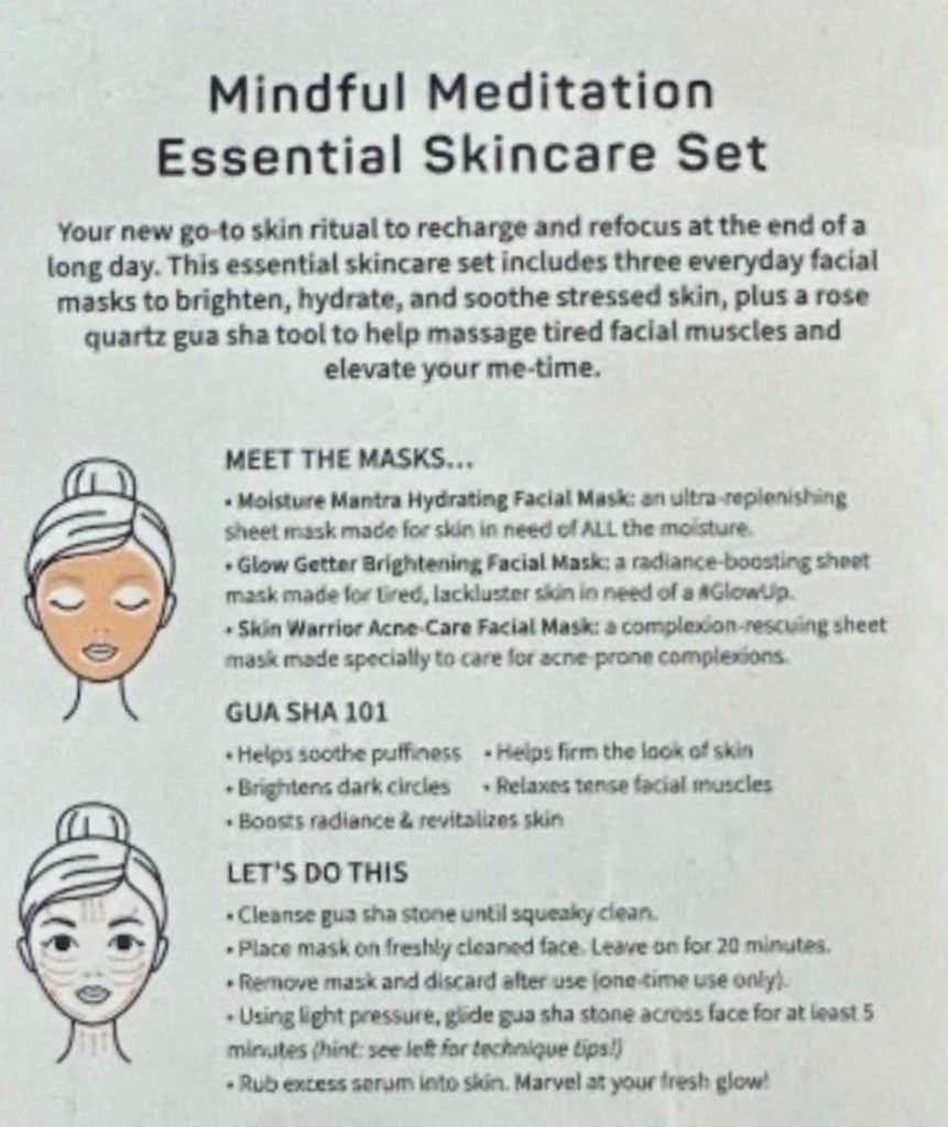 Mindful Meditation Skincare Set with Facial Masks and Rose Quartz Gua Sha Tool