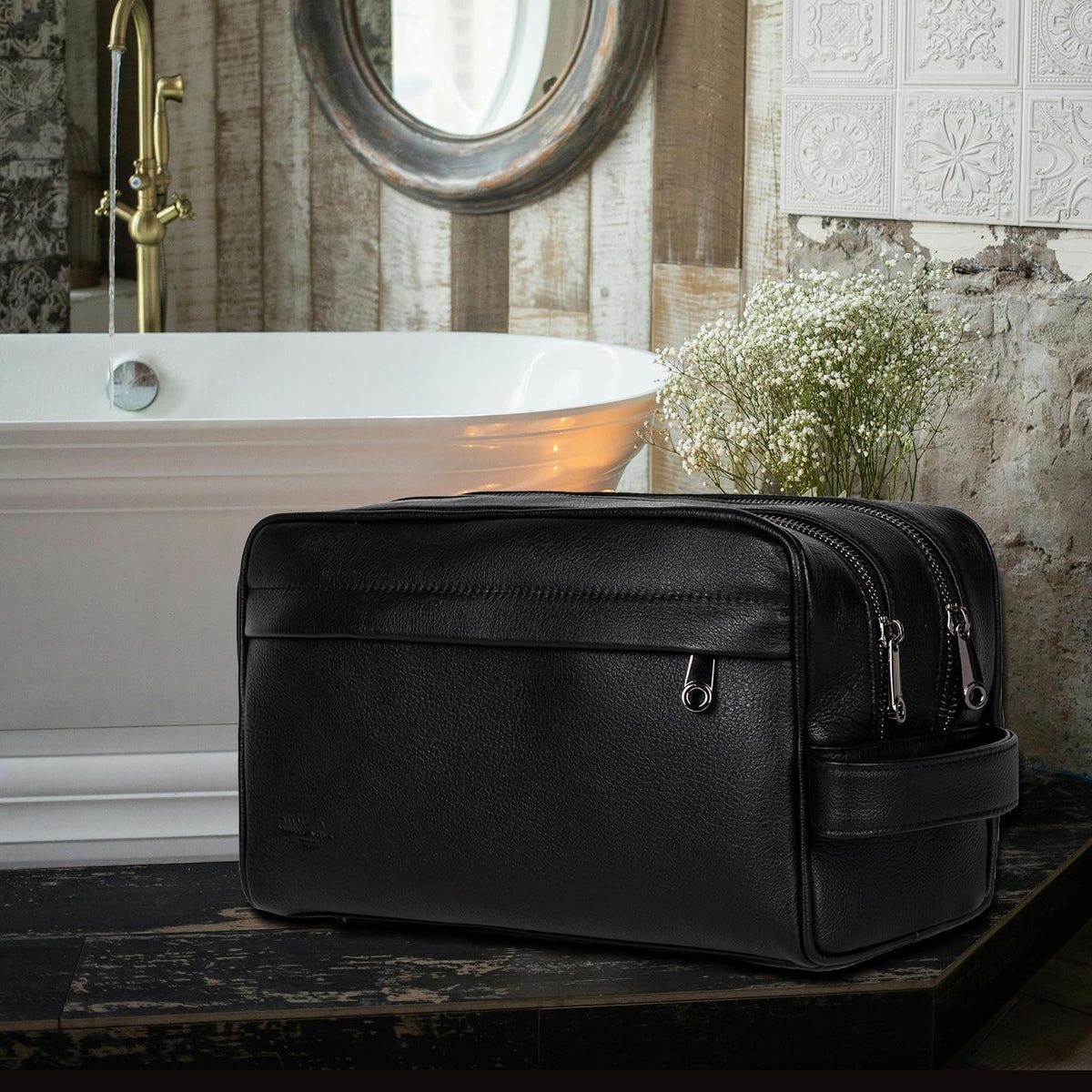 Leather Men’s Toiletry Bag Travel Organizer with Multiple Compartments
