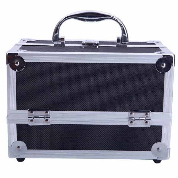 Portable Aluminum Makeup Storage Bag with Mirror & Key - Black
