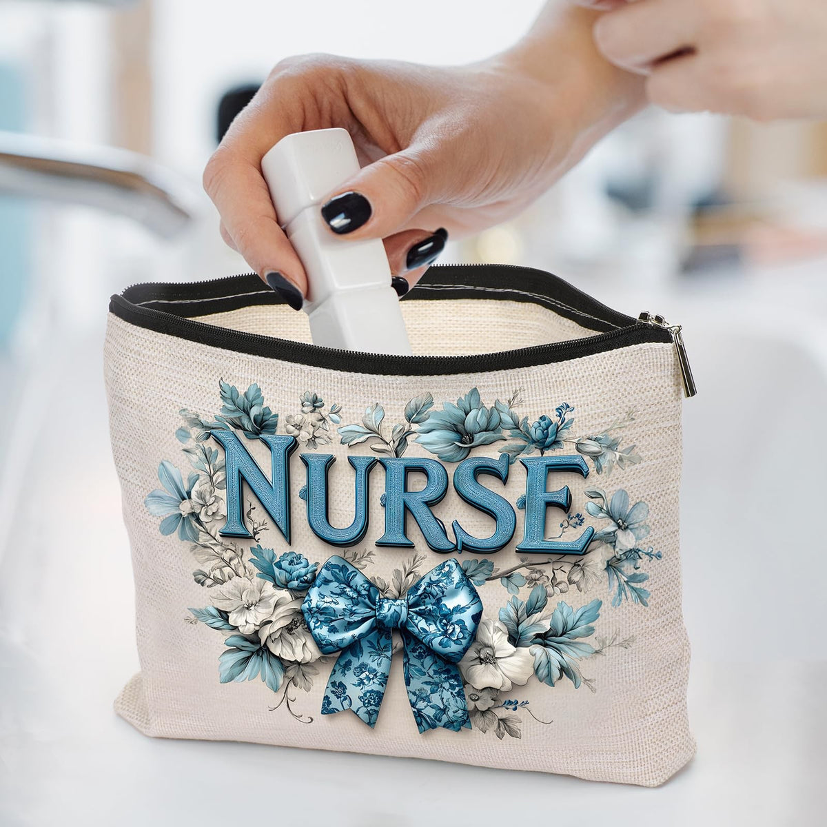 Nurse Makeup Bag - Porcelain Bow Cosmetic Organizer for Healthcare Professionals