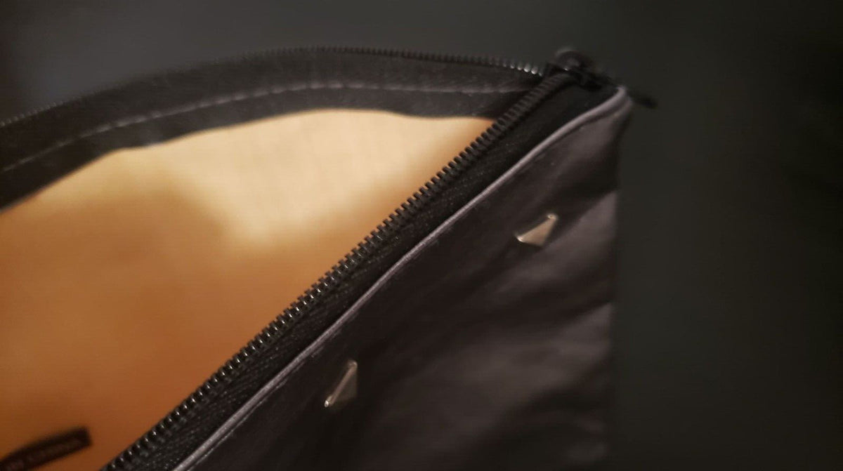 Silver Faux Leather Makeup Bag Purse with Studs Tan Interior