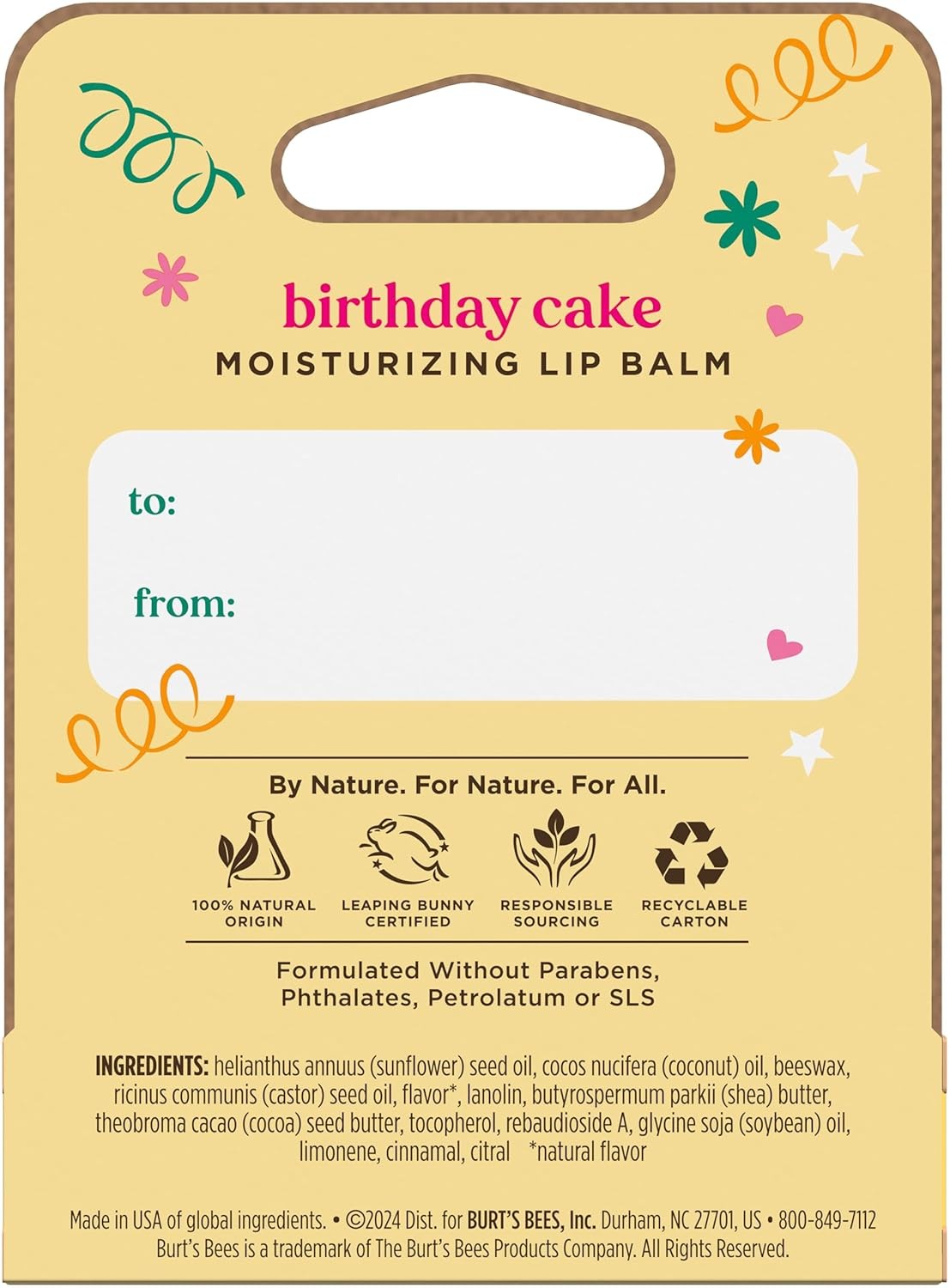 Natural Lip Balm with Tint-Free Moisturizer - Birthday Cake Flavor, 1 Tube