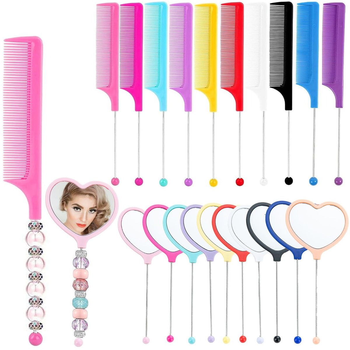 Colorful Beadable Heart Mirrors Set - 10 Pack, Portable 9.05 x 1.1 Inches