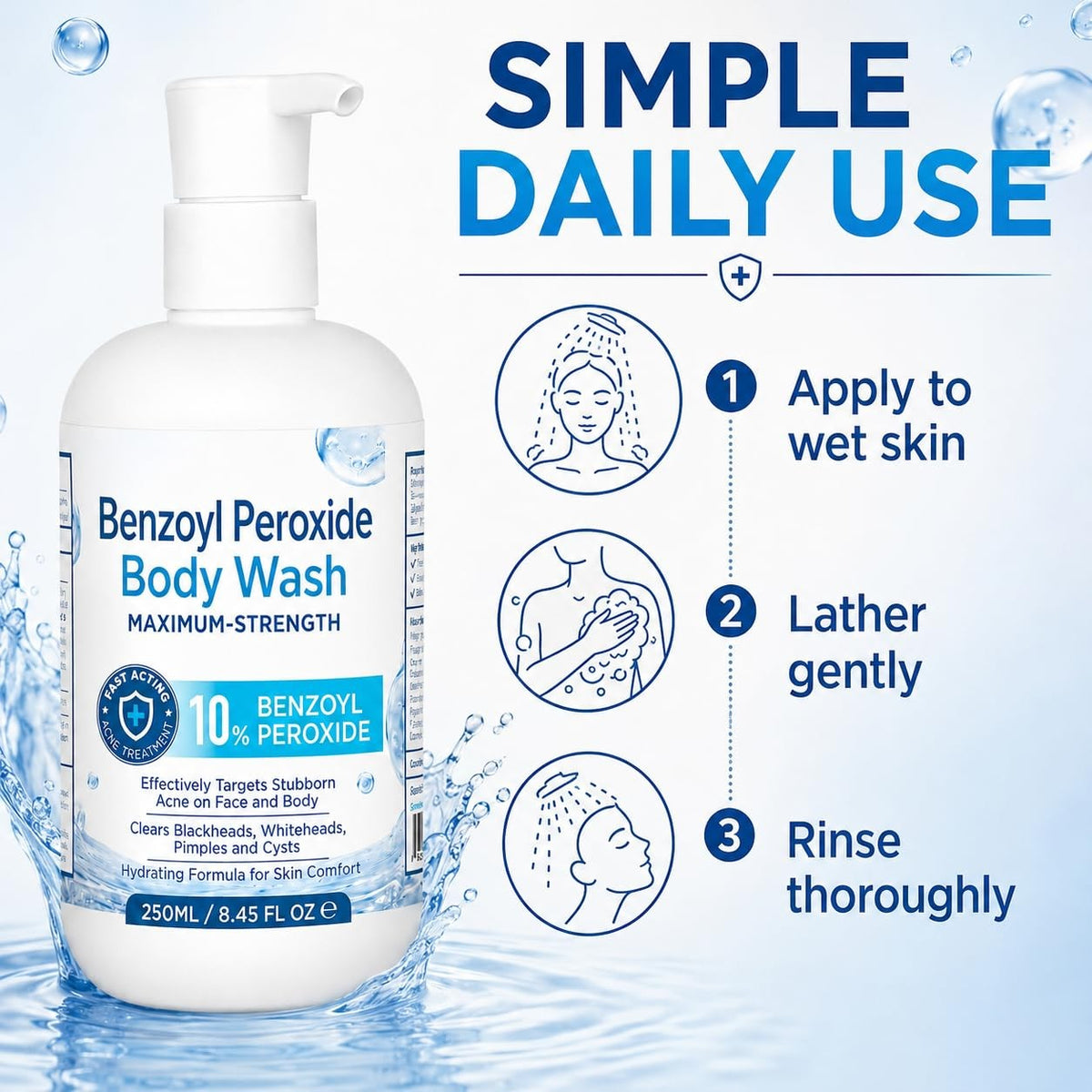 Hermon Benzoyl Peroxide Body Wash 10% for Acne Treatment - White
