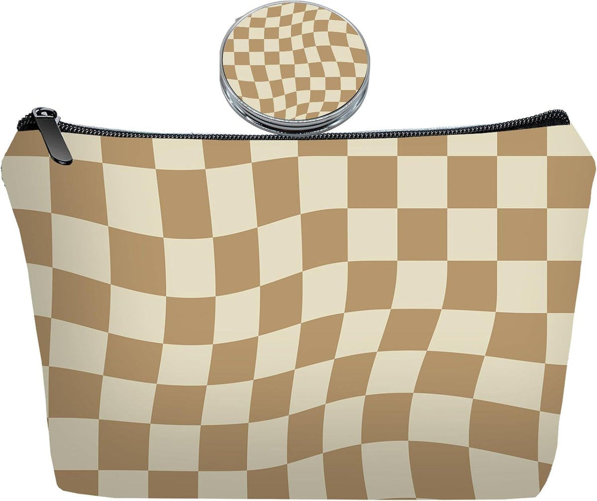 Brown Checkered Makeup Bag Set for Women – Travel Cosmetic & Toiletry Organizer