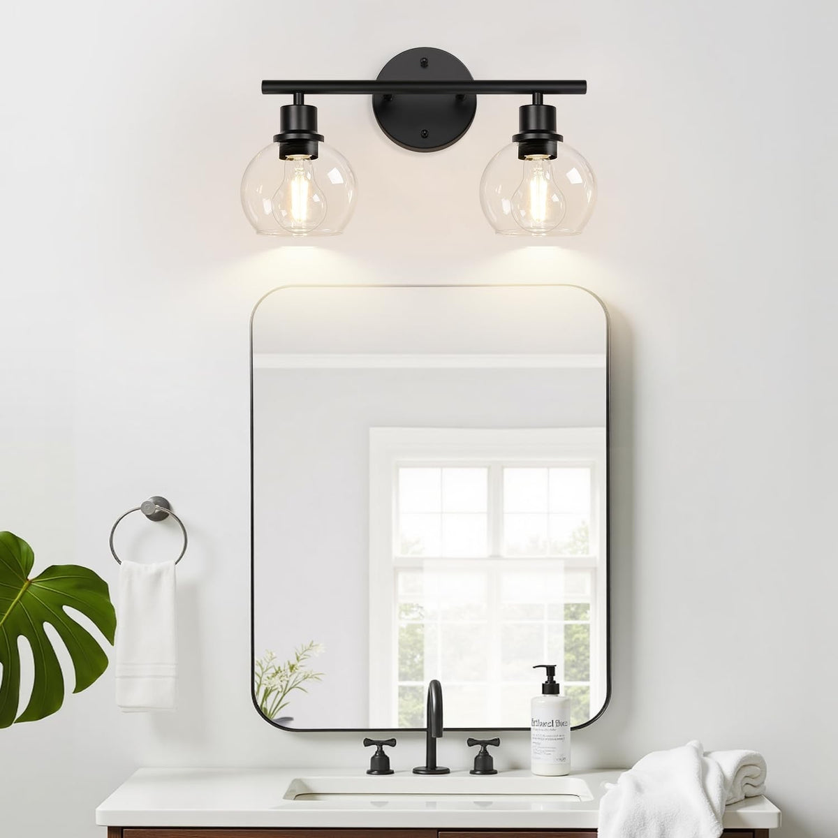 Indoi 2-Light Matte Black Bathroom Vanity Light with Clear Glass Shades