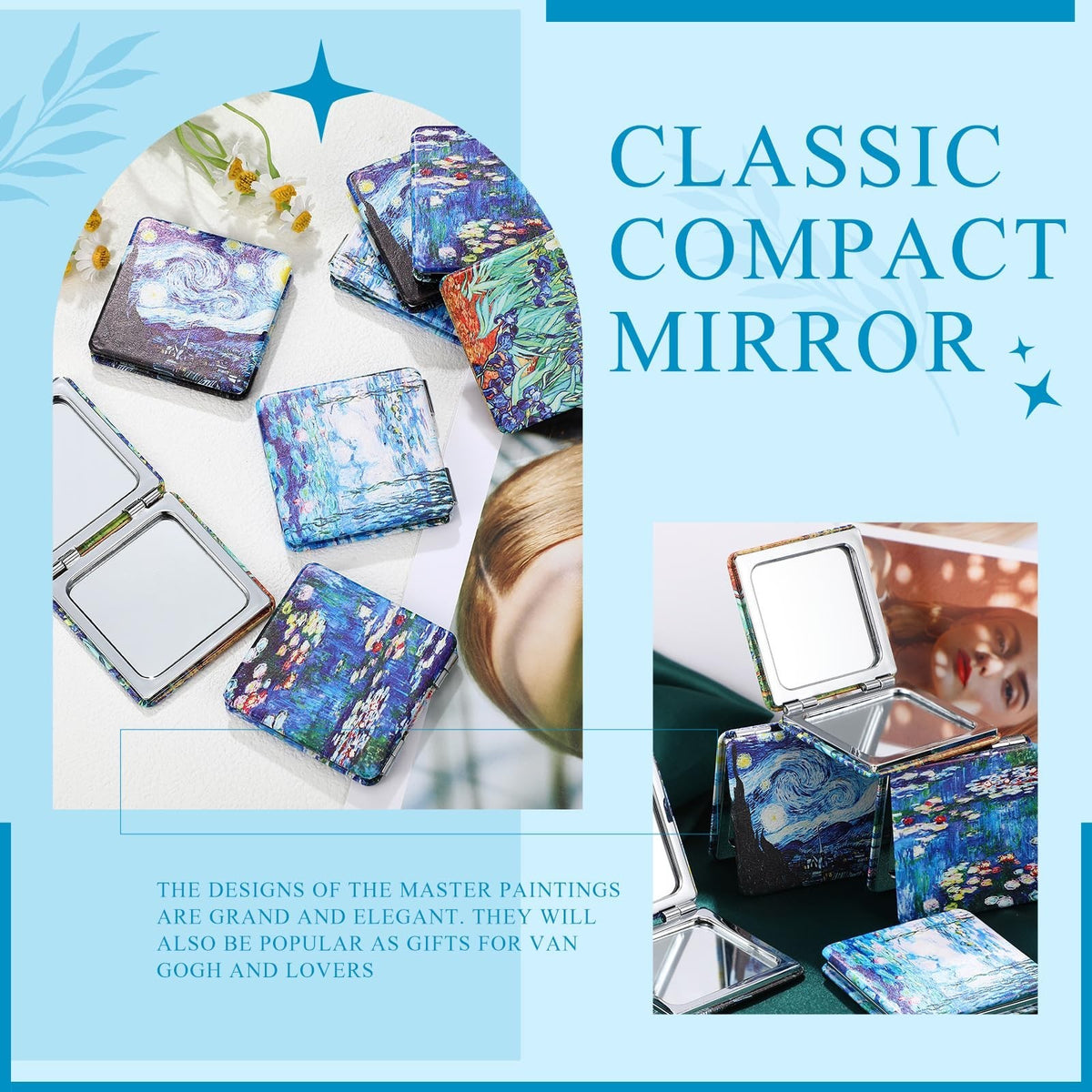 8-Piece Double-Sided Makeup Compact Mirrors with Magnification - Leather Finish