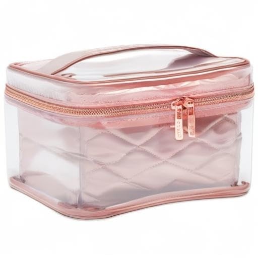 Pink Makeup Train Case Set with Clear Walls and Organizer