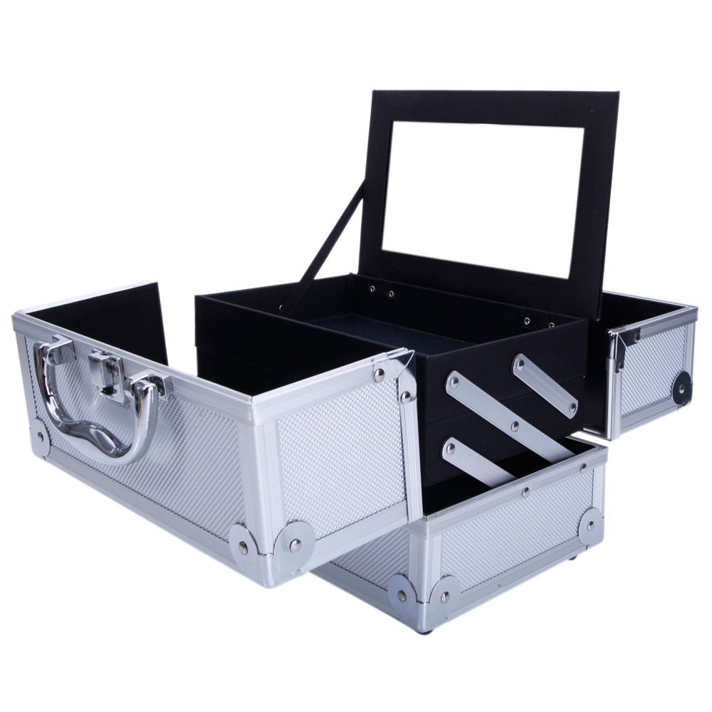 Aluminum Makeup Train Case Jewelry Organizer with Mirror - Silver