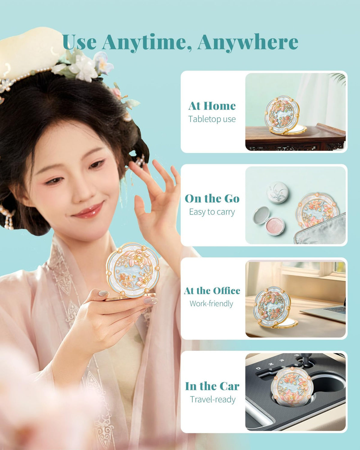 Mini Folding 2X Magnifying Makeup Mirror - Compact Pocket Travel Blue