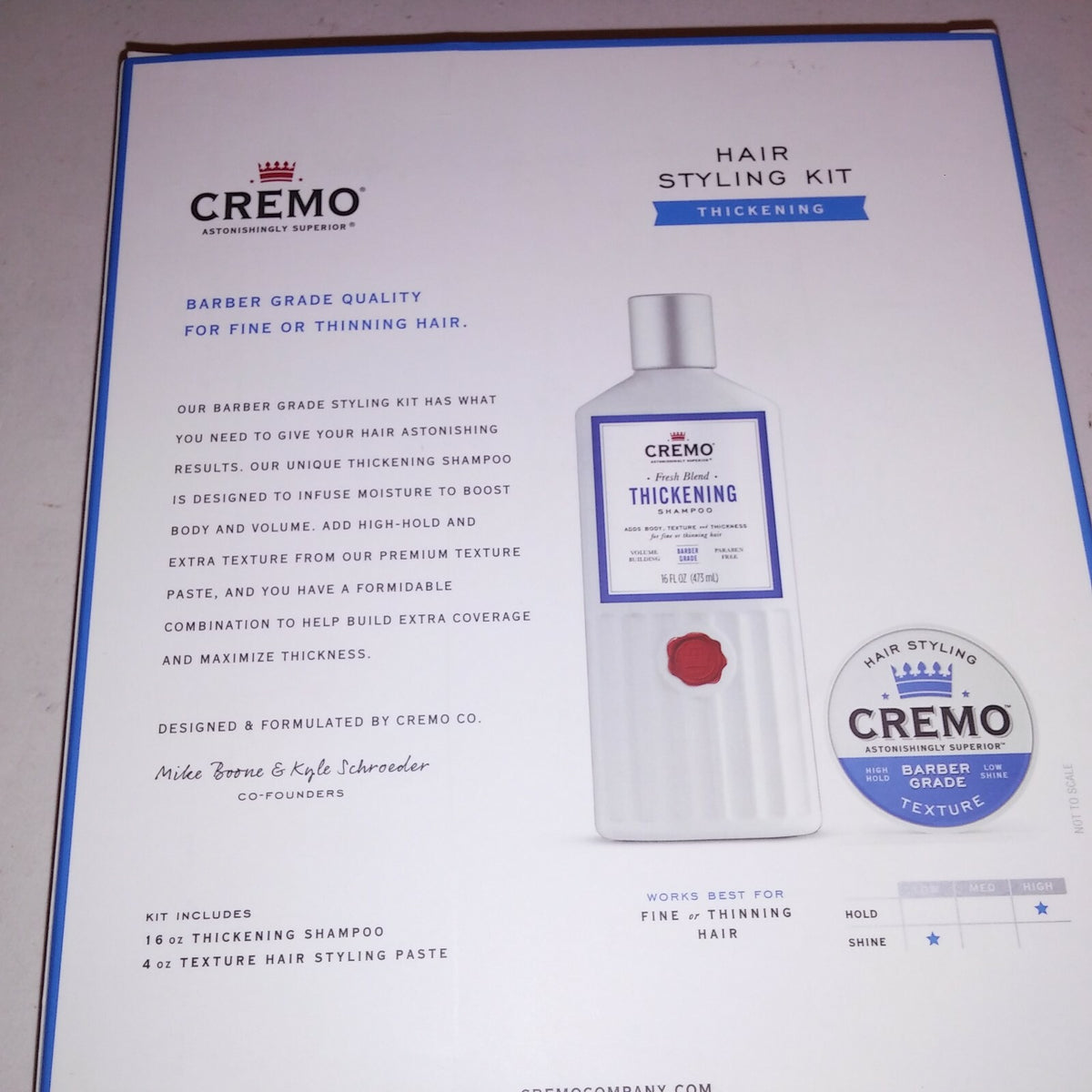 Cremo Hair Styling Kit Men's Gift Set Thickening Shampoo & Paste