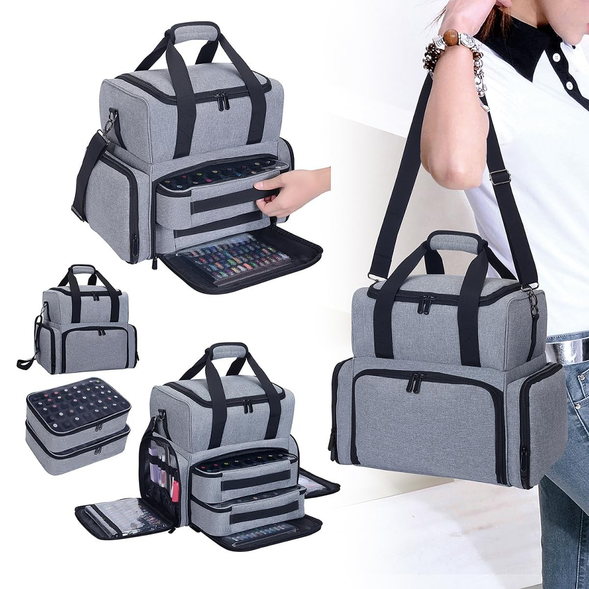 Grey Nail Polish Organizer 80-Bottle Capacity with Lamp & 2 Removable Bags