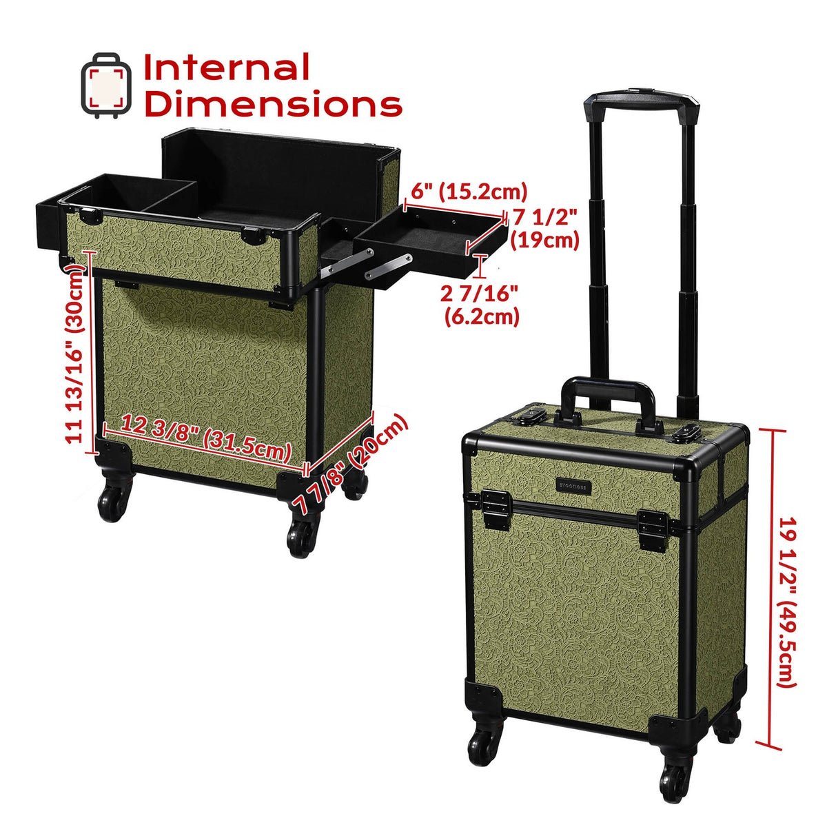 Rolling Makeup Train Case with Extendable Trays and Large Storage - Rococo Moss