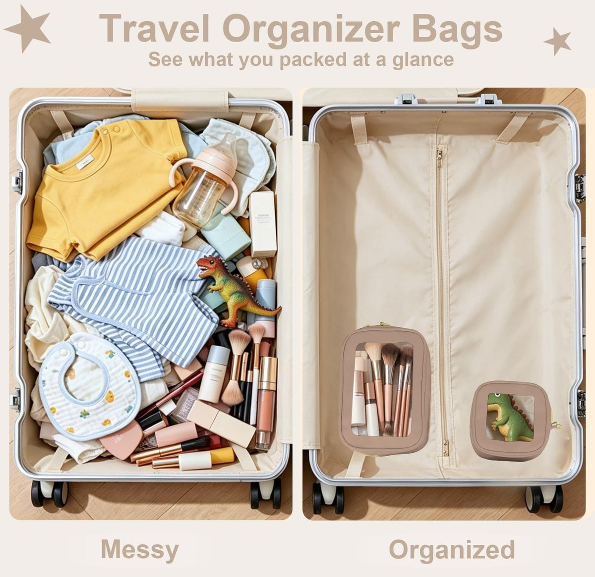Clear Makeup & Toiletry Bags Set with Handles - Waterproof Khaki 2-Pack