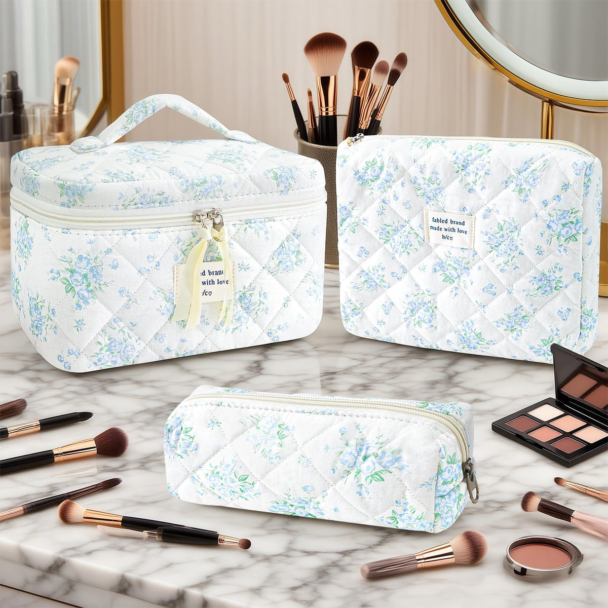 Cotton Quilted Floral Makeup Bag Set – 3Pcs Large Cosmetic Bags for Women