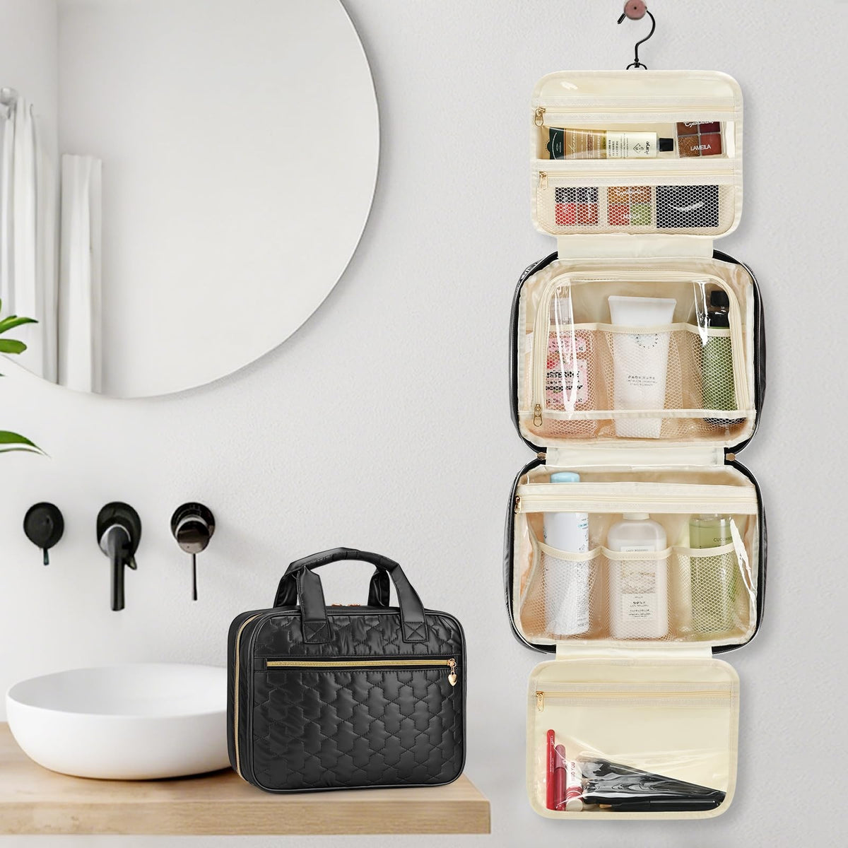Large Waterproof Travel Toiletry Bag with Hanging Hook and Wet-Dry Compartments