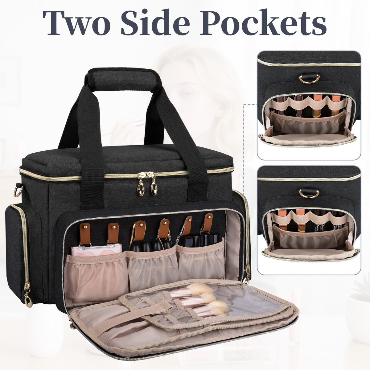 Large Travel Makeup Bag Organizer with Brush Compartments - Black