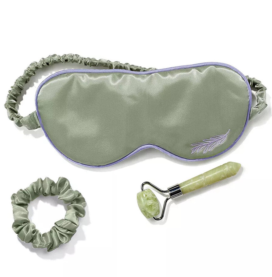 Spa Kit with Eye Mask Face Roller Scrunchie & Bag - Green Sage Jade