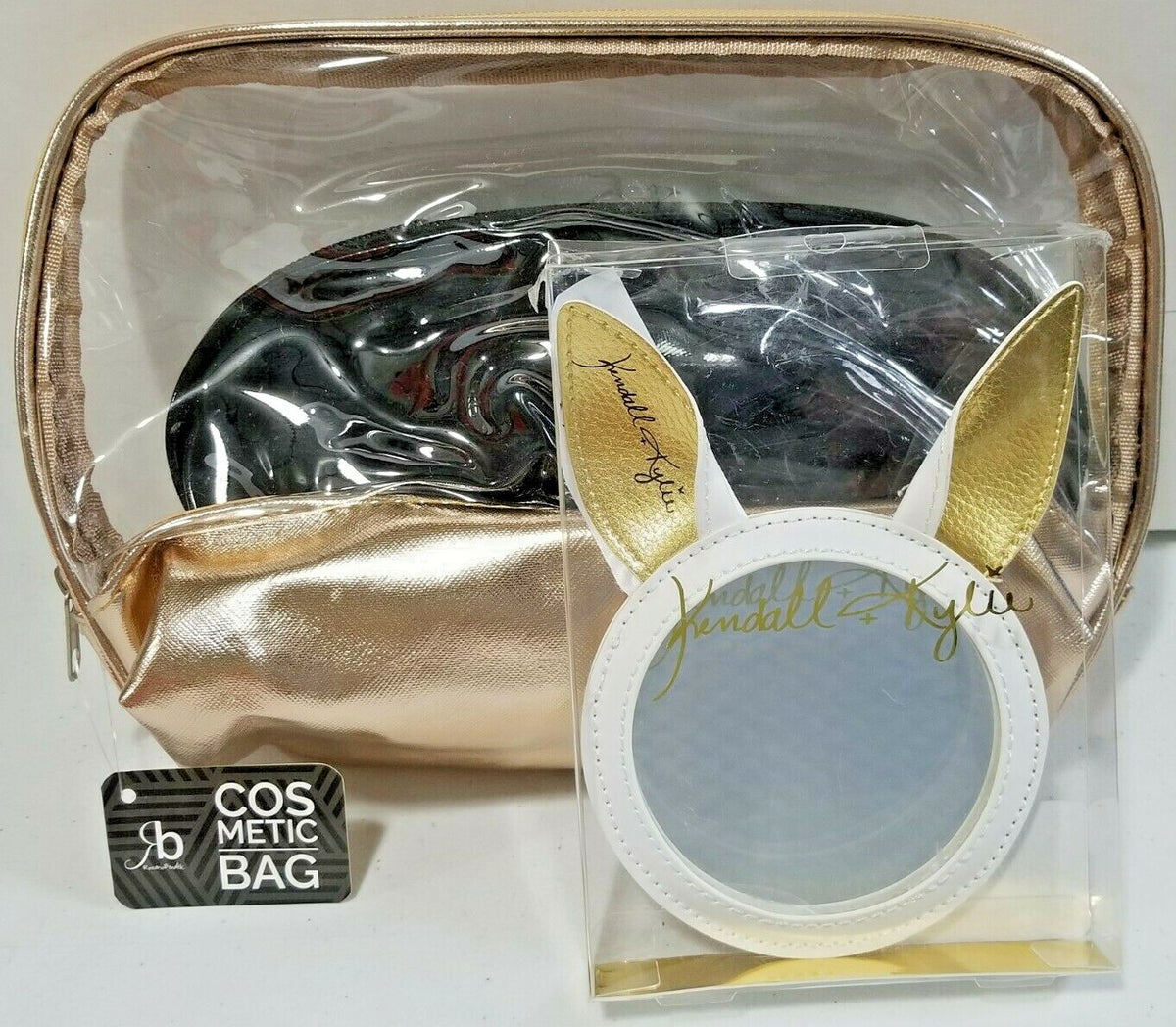 Kendall + Kylie Bunny Mirror & 2 Cosmetic Bags Set - Clear Gold Black