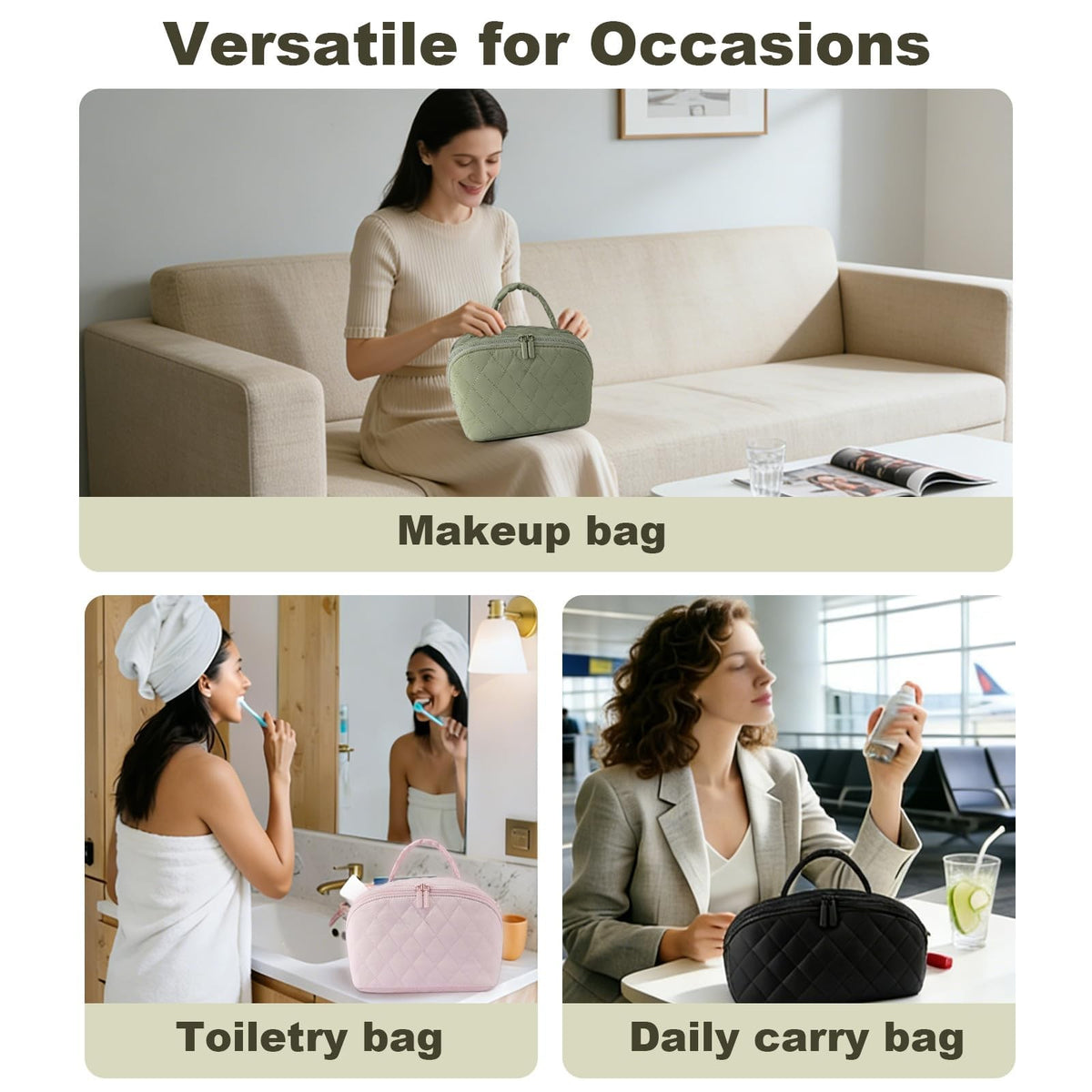 Travel Makeup Bag with 180° Flat Opening and Waterproof TPU - Green