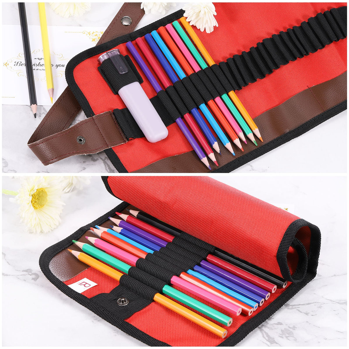 24 Slots Roll Up Pencil Case - Oxford Cloth Storage Pouch for Art & Office Supplies - Blue