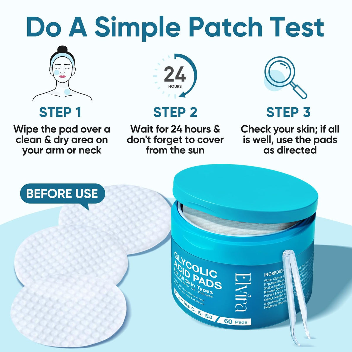 Elvira Glycolic Acid Exfoliating Facial Pads 1 Count (Pack of 60),