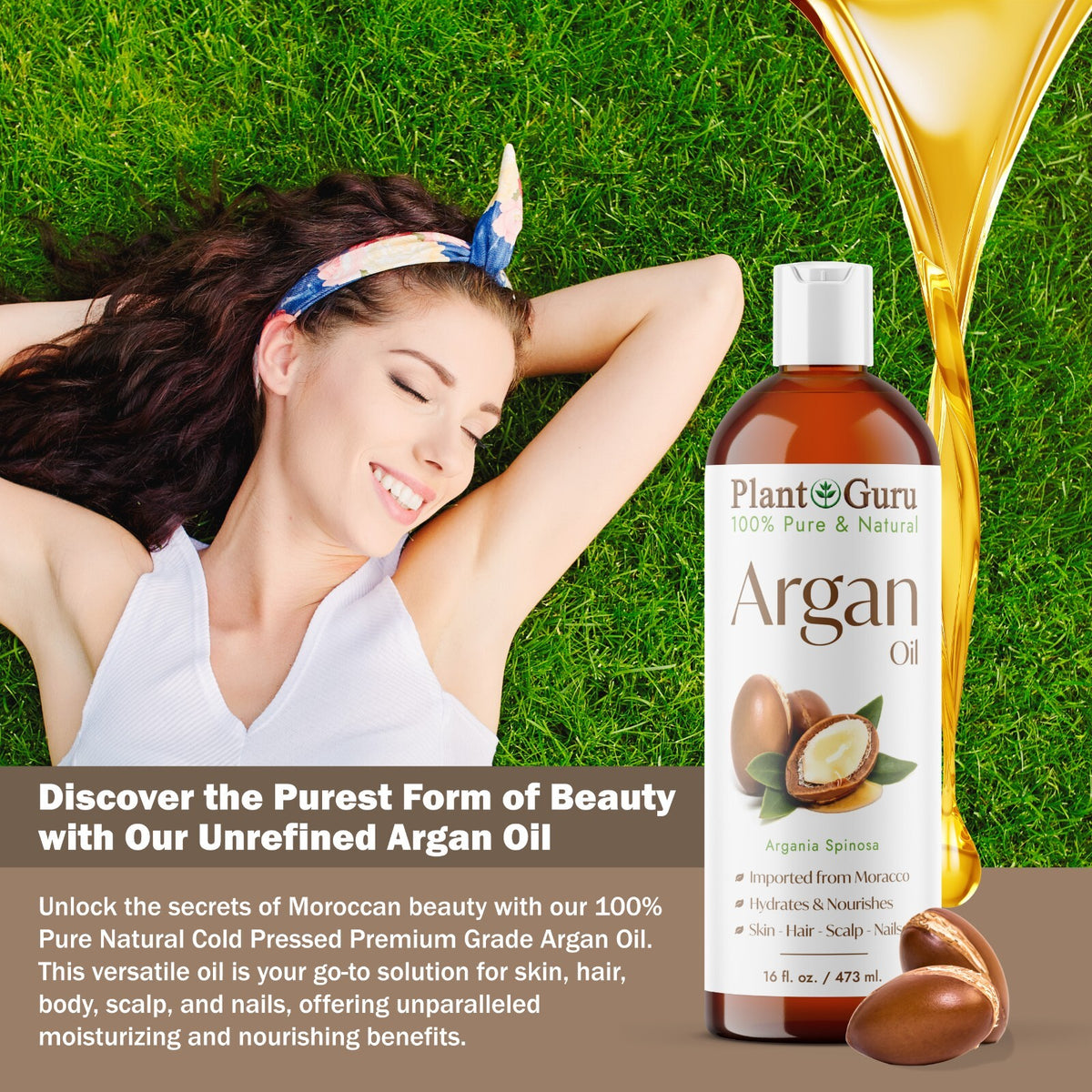 Pure Moroccan Argan Oil for Hair and Skin - Unrefined Cold Pressed Natural Oil