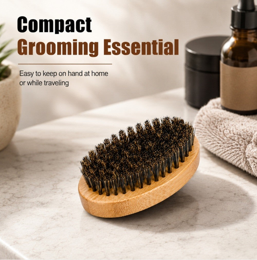 Men's Boar Bristle Beard & Mustache Brush with Wooden Handle - Travel Size Grooming Tool